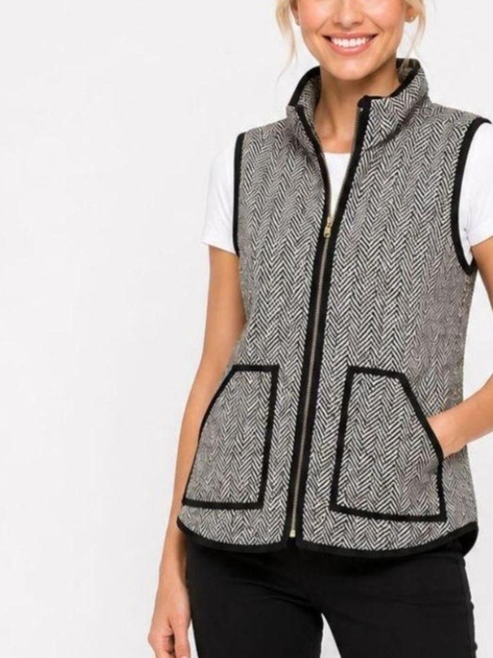 J. Crew Black and White Herringbone Zip-Front Vest, XL , Preowned